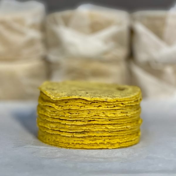 A tall stack of freshly made yellow corn tortillas from Taqueria Picoso.