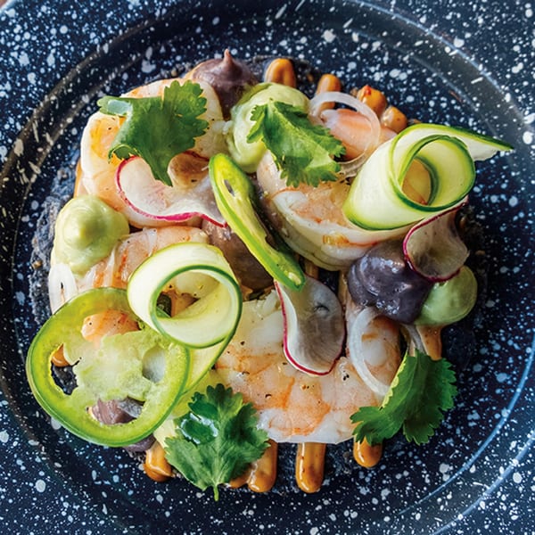 Shrimp ceviche with cucumber, radish, jalapeño, and cilantro on a dark speckled plate.